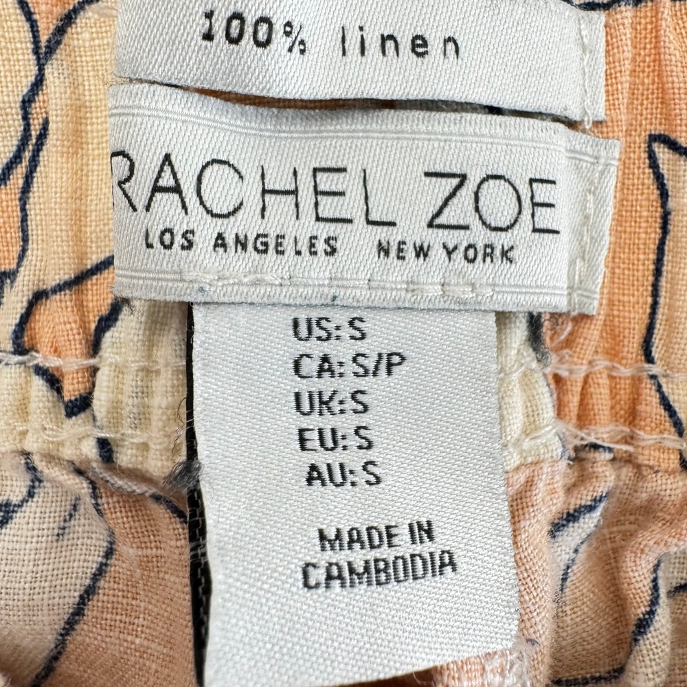 Rachel Zoe 100% Linen Wide Leg Pants Womens Small Peach Floral Pull On Pockets - Picture 8 of 14